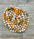 60” Beaded Wrap Necklace- Orange, Cream, and Dark Olive