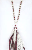 “Blissfully Burgundy” Beaded Plaid Tassel Necklace
