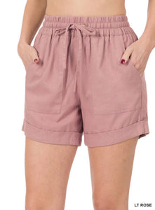 *****Linen Drawstring Waist Shorts With Pockets- Light Rose