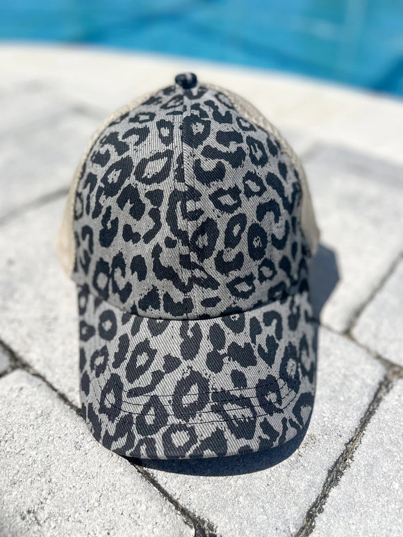 Leopard Messy Bun Ponytail Hat- Grey
