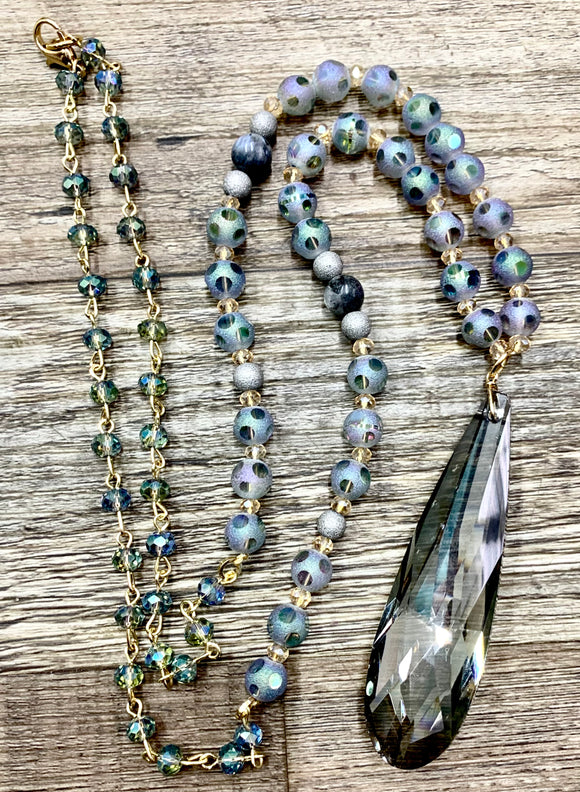 “Take Your Time” Beaded Necklace w/Teardrop Stone- Blue