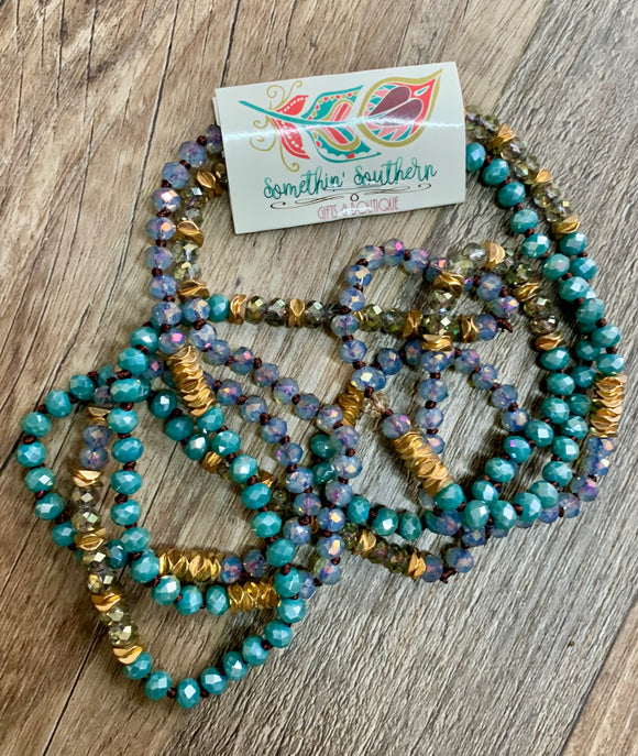 Double Wrap Beaded Necklace- Teal and Quartz