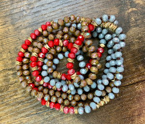 Double Wrap Beaded Necklace- Red, Grey, & Topaz