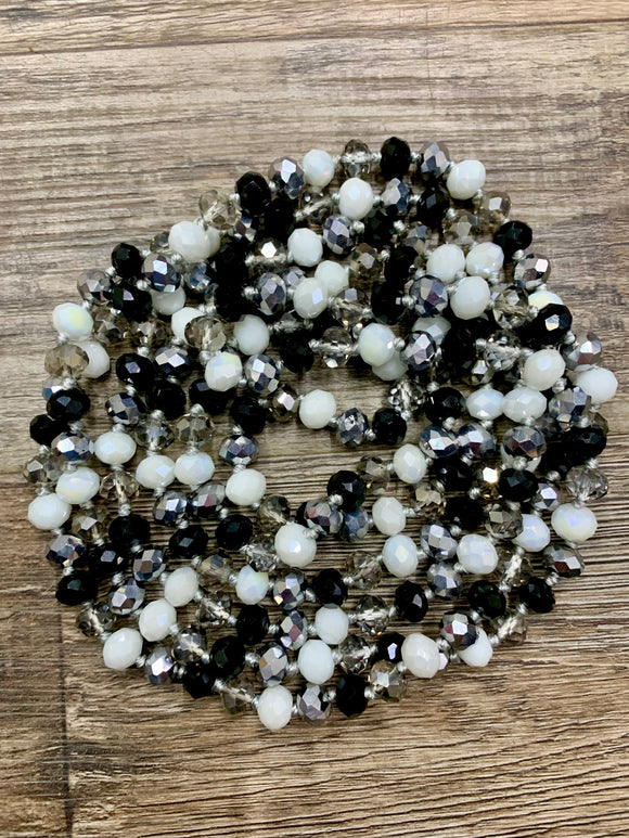 (WS) 60” Beaded Wrap Necklace- Black, White, & Silver Mix