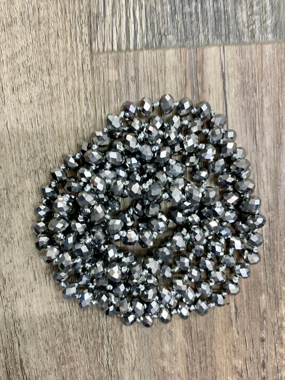 (WS) 60” Beaded Wrap Necklace- Metallic Silver