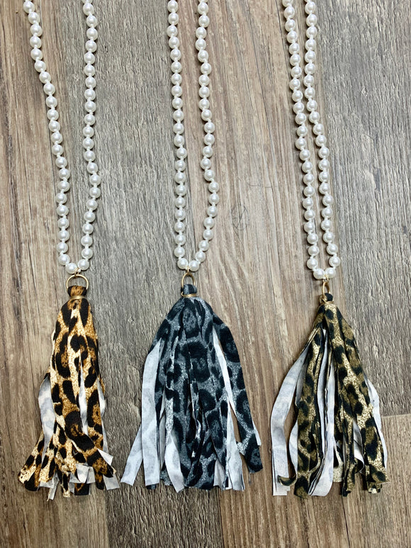 Leopard and Pearls Tassel Necklace- Multiple Colors
