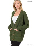 Button Up Waffle Cardigan- Army Green