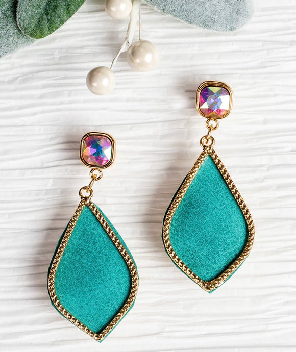 “Outlines Of Gold” Teardrop Dangle On Iridescent Stud- Turquoise