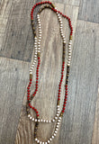 Double Wrap Beaded Necklace- Red, Ivory, and Brown