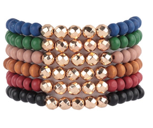 6pc Warm Multi Colored Wooden Bracelet Set