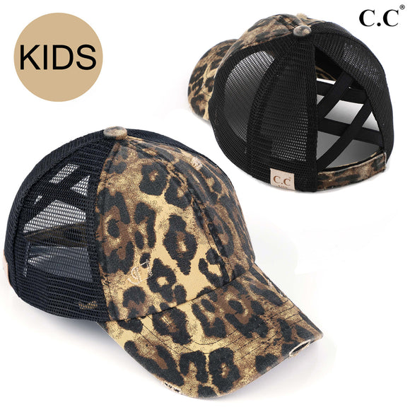 Kids C.C Messy Bun Hat- Black Leopard