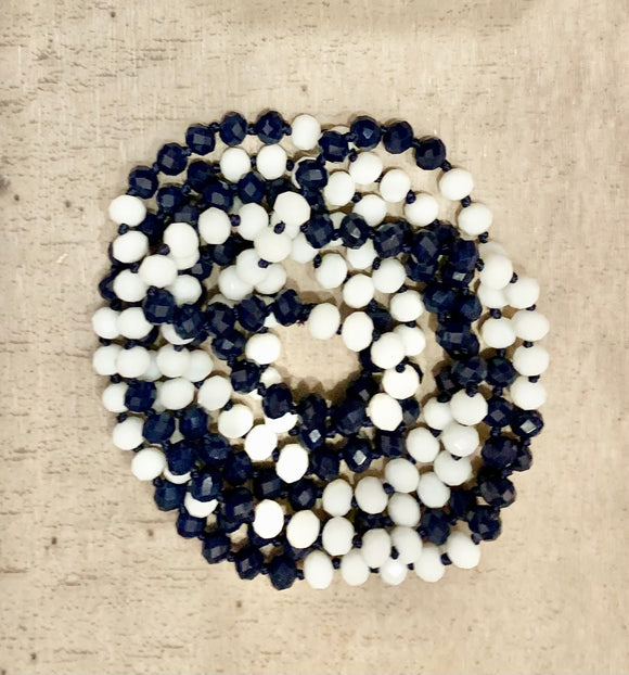 (WS) 60” Beaded Wrap Necklace- Navy/White Mix