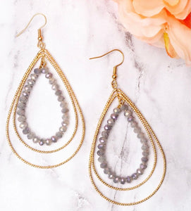 “Mesmerized”  Gold Teardrop Grey Crystal Beaded Earrings