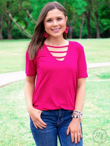 Out and About Caged Scoop Neck Tee, Fuchsia