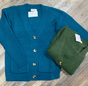 Button Up Waffle Cardigan- Teal