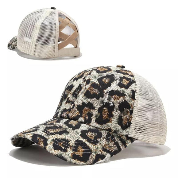Leopard Print Messy Bun Hat
