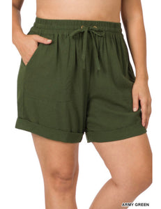 *****Linen Drawstring Waist Shorts With Pockets- Army Green