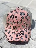 Leopard Messy Bun Ponytail Hat- Pink w/Gold