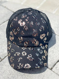 Leopard Messy Bun Ponytail Hat- Black w/Gold